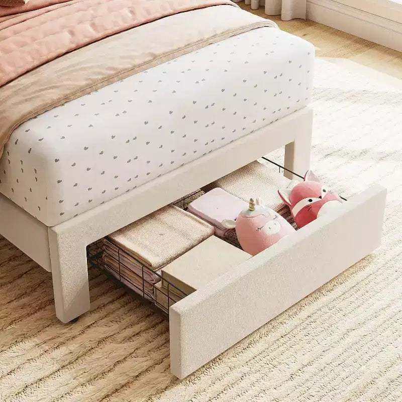 Struttura Letto Singolo in Velluto Beige con Cassetto Contenitore, Testiera, Supporto a Doghe, Senza Rete a Molle, Silenzioso, Facile da Montare