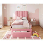 Struttura Letto Singolo in Velluto Beige con Cassetto Contenitore, Testiera, Supporto a Doghe, Senza Rete a Molle, Silenzioso, Facile da Montare