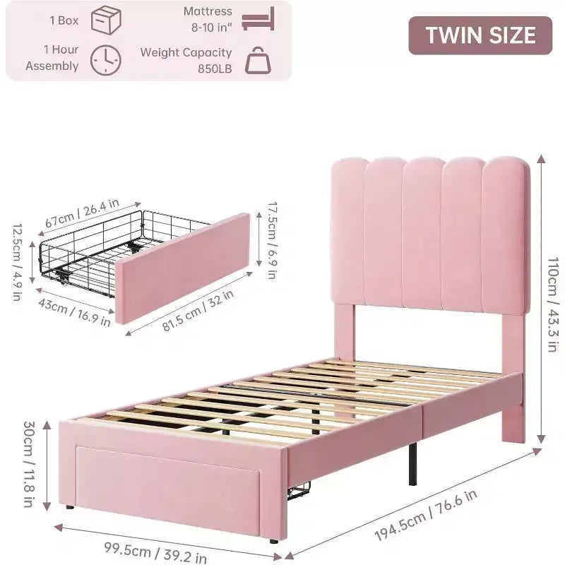 Struttura Letto Singolo in Velluto Beige con Cassetto Contenitore, Testiera, Supporto a Doghe, Senza Rete a Molle, Silenzioso, Facile da Montare