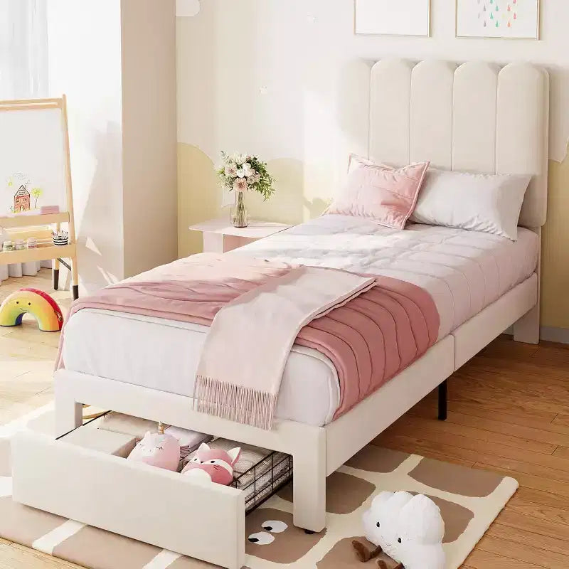 Struttura Letto Singolo in Velluto Beige con Cassetto Contenitore, Testiera, Supporto a Doghe, Senza Rete a Molle, Silenzioso, Facile da Montare