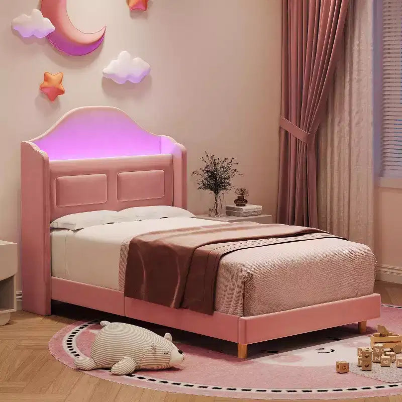 Telaio letto singolo in velluto rosa con testiera a libreria, funzione luce, contenitore, senza rete a molle, facile montaggio