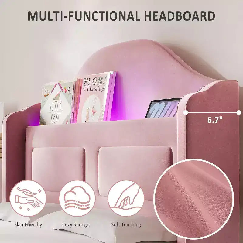 Telaio letto singolo in velluto rosa con testiera a libreria, funzione luce, contenitore, senza rete a molle, facile montaggio