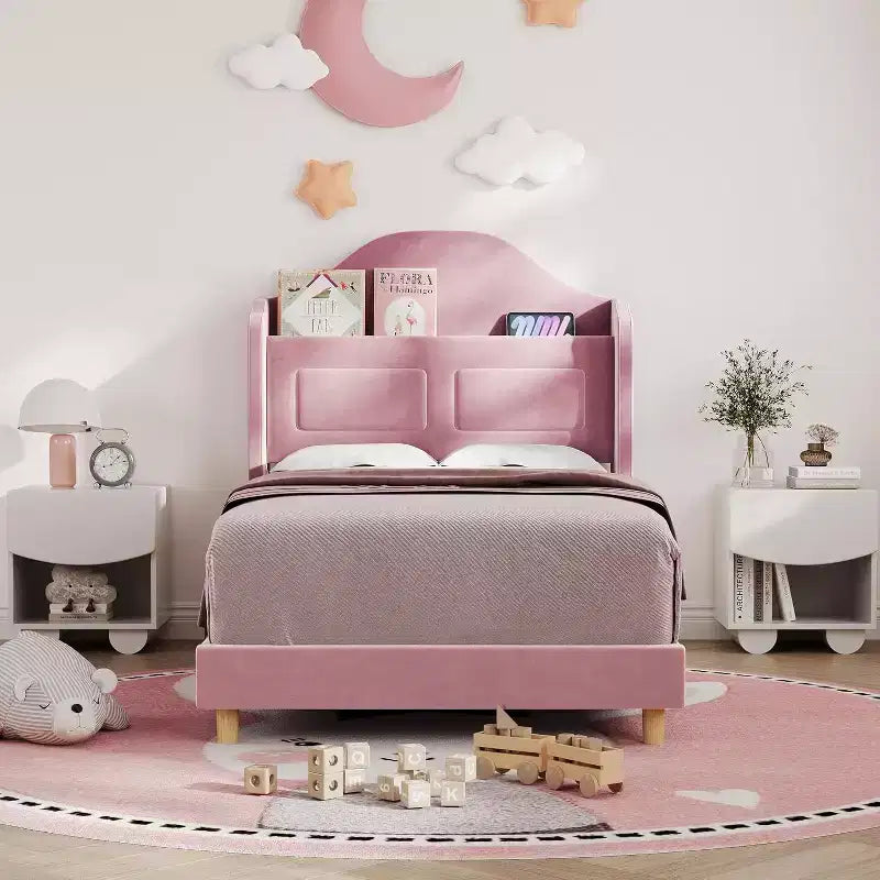 Telaio letto singolo in velluto rosa con testiera a libreria, funzione luce, contenitore, senza rete a molle, facile montaggio