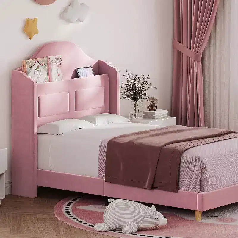 Telaio letto singolo in velluto rosa con testiera a libreria, funzione luce, contenitore, senza rete a molle, facile montaggio