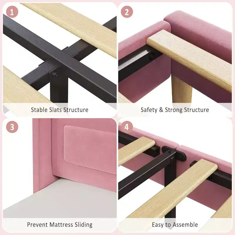 Telaio letto singolo in velluto rosa con testiera a libreria, funzione luce, contenitore, senza rete a molle, facile montaggio