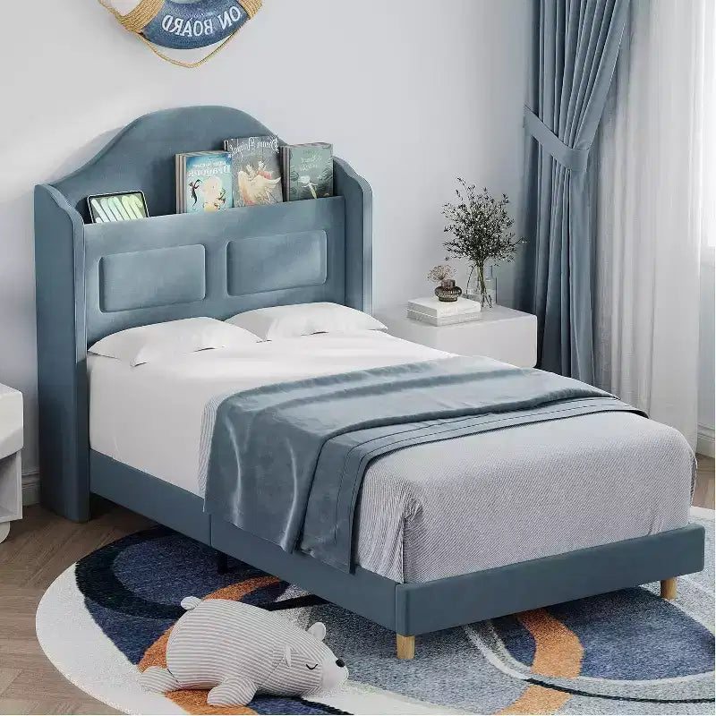 Pink Velvet Twin Bed Frame with Bookcase Headboard, Glow Feature, Storage, No Box Spring, Easy Assembly