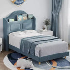 Pink Velvet Twin Bed Frame with Bookcase Headboard, Glow Feature, Storage, No Box Spring, Easy Assembly