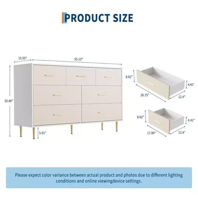 COZONY Cassettiera a 7 cassetti con maniglie dorate, mobile moderno in legno con gambe in metallo, organizer bianco per camera da letto, soggiorno, corridoio