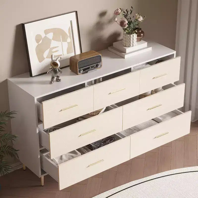 COZONY Cassettiera a 7 cassetti con maniglie dorate, mobile moderno in legno con gambe in metallo, organizer bianco per camera da letto, soggiorno, corridoio