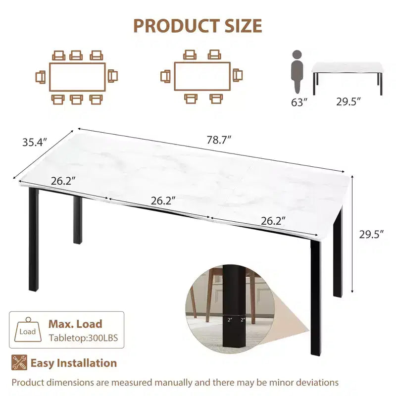 Tavolo da pranzo rettangolare da 71/78 per 6-8 persone con bordo irregolare a onda e struttura in metallo, impermeabile e antigraffio, versatile per mangiare/lavorare/studiare