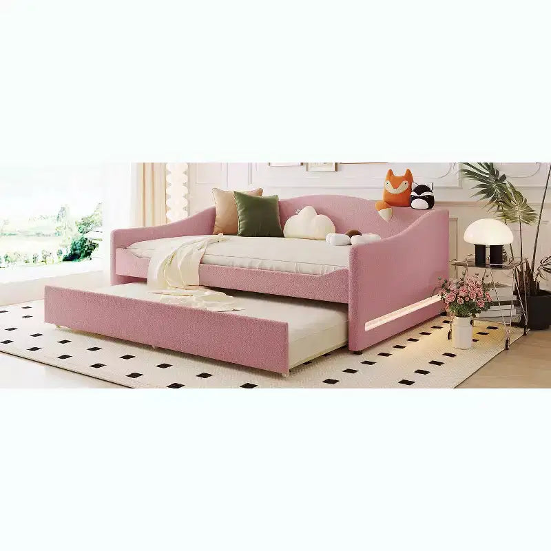 Bellemave Divano Letto Imbottito Una Piazza e Mezza con Letto Estraibile, Struttura in Pile Teddy, Divano Letto Trapuntato con Luci a LED per Camera da Letto, Soggiorno, Ospiti, Rosa