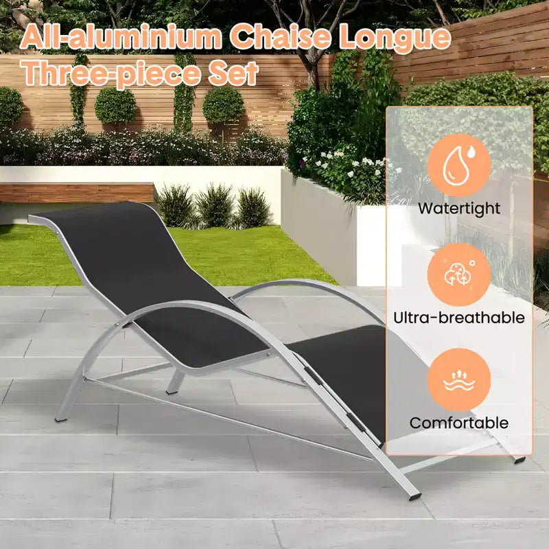 Set di 3 sedie a sdraio da esterno, sedie reclinabili, lettini da patio in alluminio, design moderno, resistenti alle intemperie e facili da montare
