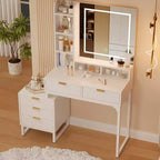 COZONY Scrivania da trucco bianca con luci a 3 modalità e sgabello, tavolo da trucco con 5 cassetti e specchio