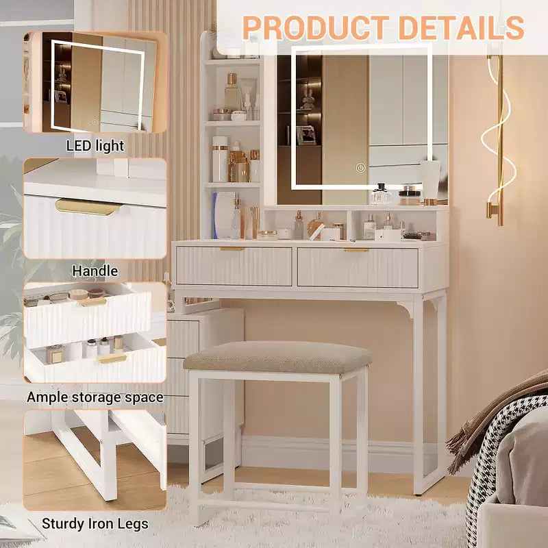 COZONY Scrivania da trucco bianca con luci a 3 modalità e sgabello, tavolo da trucco con 5 cassetti e specchio