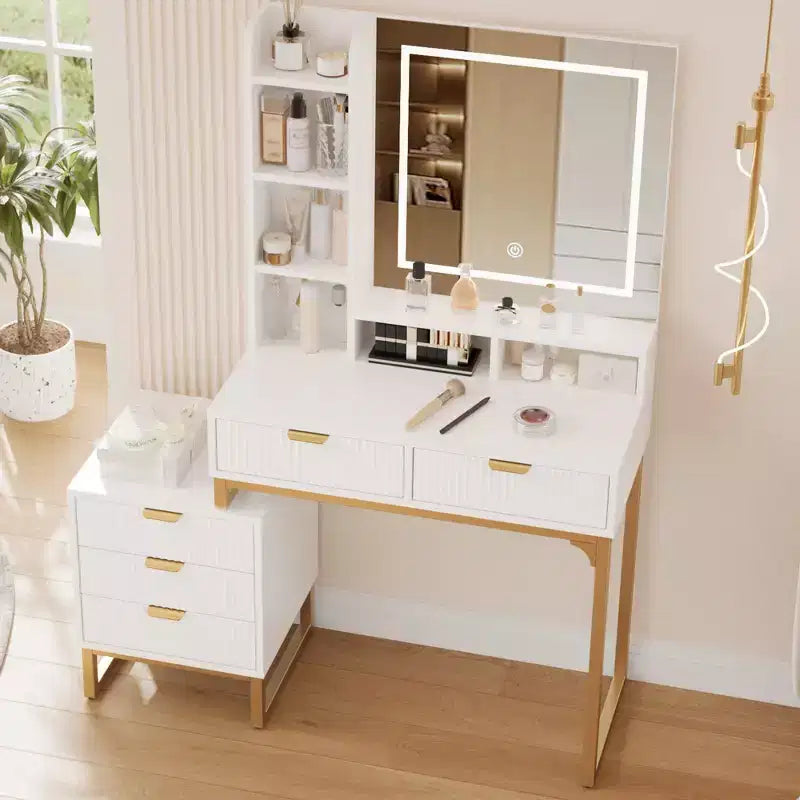 COZONY Scrivania da trucco bianca con luci a 3 modalità e sgabello, tavolo da trucco con 5 cassetti e specchio