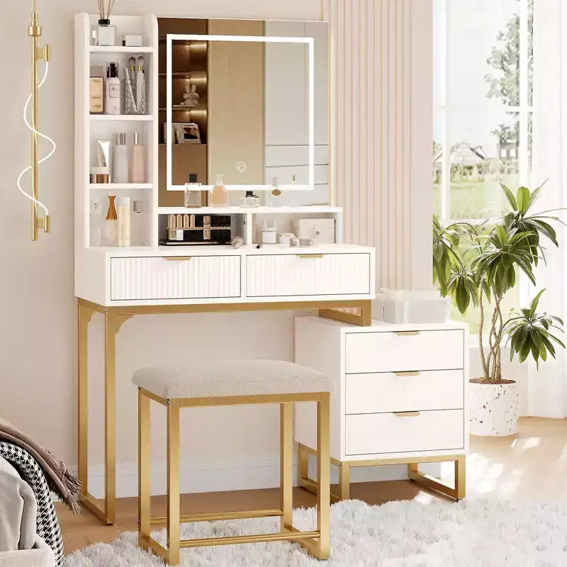 COZONY White Vanity Makeup Desk with 3-Mode Lights & Stool, 5 Drawers Vanity Table with Mirror
