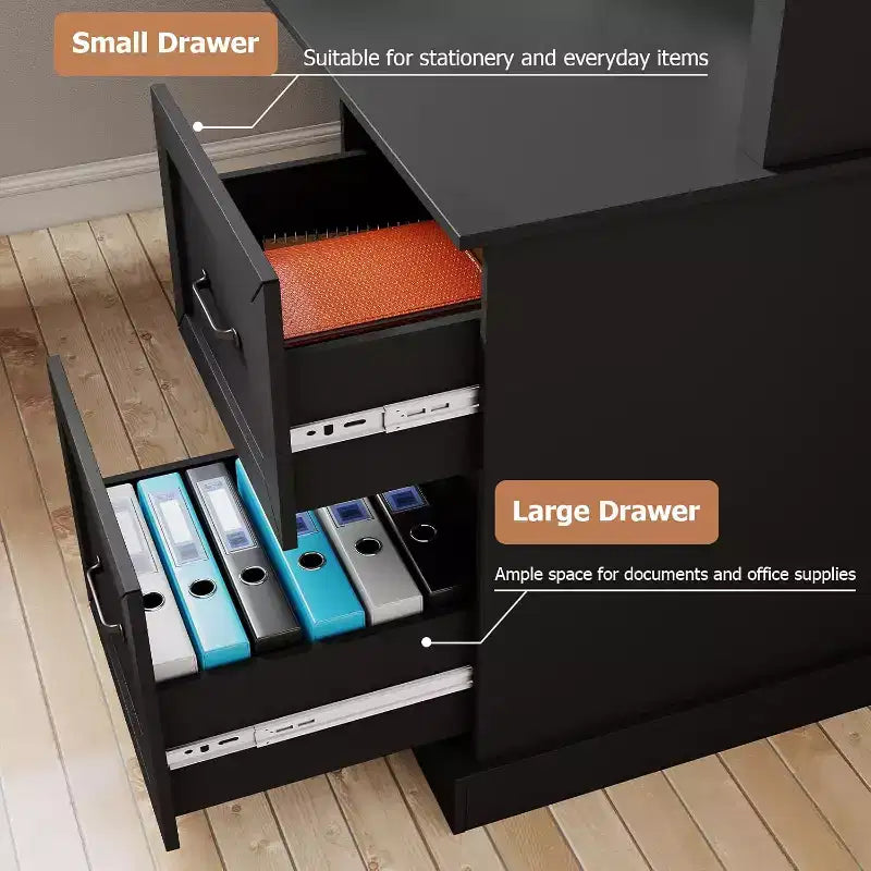 Scrivania a L Zevemomo 60 con credenza e cassetti, scrivania ad angolo per computer con ripiani a giorno, per ufficio o camera da letto, nero moderno