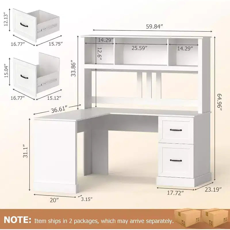 Zevemomo Scrivania a L da 60 con libreria e cassetti, Scrivania angolare per computer con ripiani a giorno, per ufficio o camera da letto, Bianco moderno