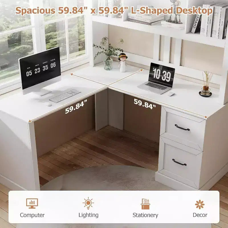 Zevemomo Scrivania a L da 60 con libreria e cassetti, Scrivania angolare per computer con ripiani a giorno, per ufficio o camera da letto, Bianco moderno