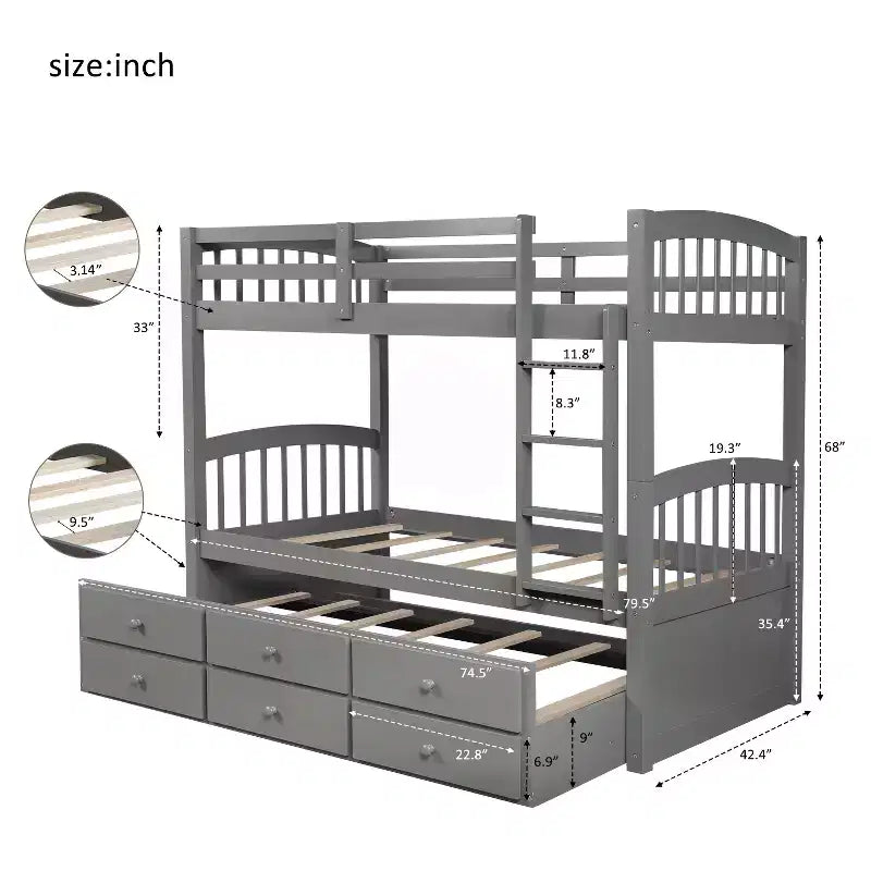 Letto a castello singolo su singolo con letto estraibile, letto a castello in legno con 3 cassetti portaoggetti e spondina di sicurezza, trasformabile in 2 letti