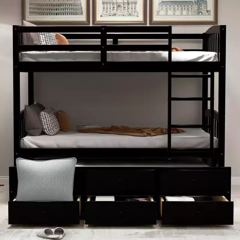Letto a castello singolo su singolo con letto estraibile, letto a castello in legno con 3 cassetti portaoggetti e spondina di sicurezza, trasformabile in 2 letti