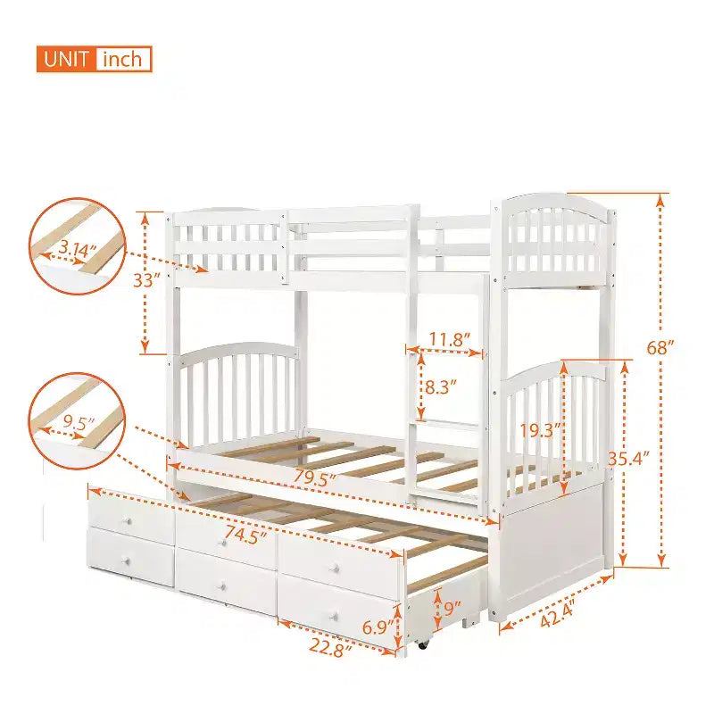 Letto a castello singolo su singolo con letto estraibile, letto a castello in legno con 3 cassetti portaoggetti e spondina di sicurezza, trasformabile in 2 letti