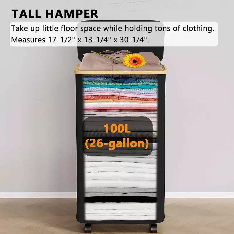 Cesto portabiancheria con ruote e coperchio - Cesto portabiancheria da 100 litri con manico in bambù, ampio organizer per lavanderia SpaceAid per camera da letto, bagno, dormitorio