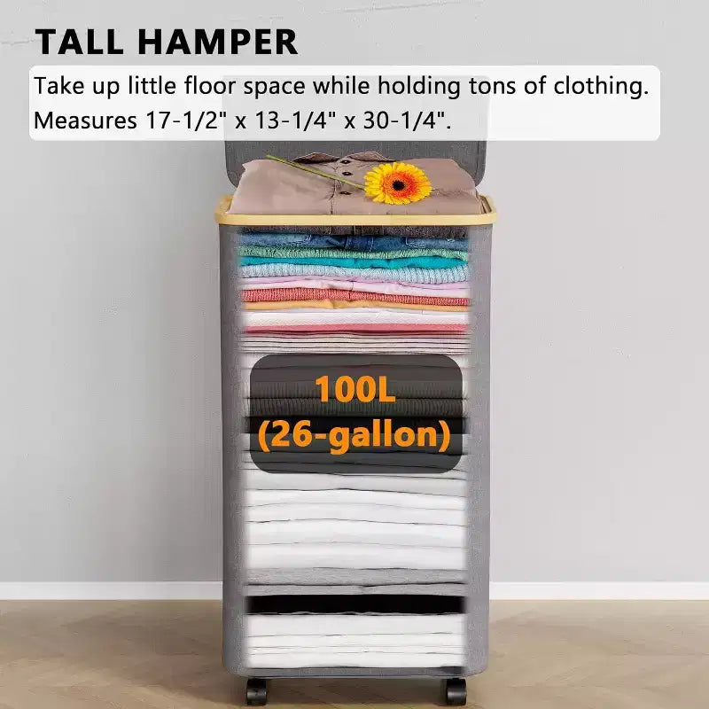 Cesto portabiancheria con ruote e coperchio - Cesto portabiancheria da 100 litri con manico in bambù, ampio organizer per lavanderia SpaceAid per camera da letto, bagno, dormitorio