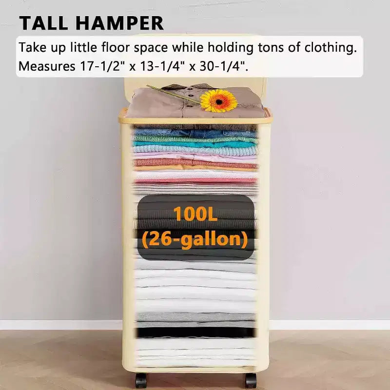 Cesto portabiancheria con ruote e coperchio - Cesto portabiancheria da 100 litri con manico in bambù, ampio organizer per lavanderia SpaceAid per camera da letto, bagno, dormitorio