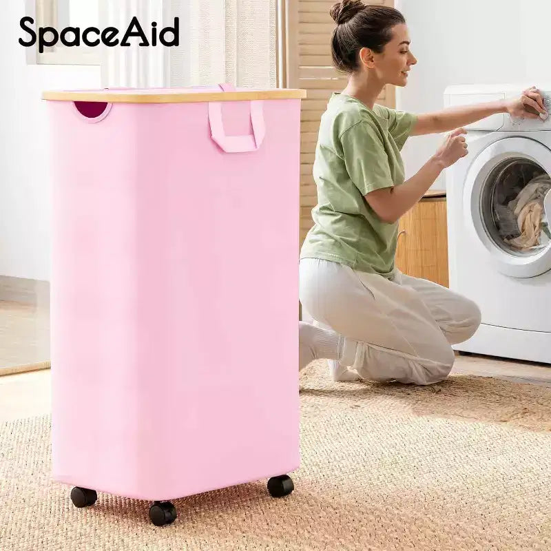 Cesto portabiancheria con ruote e coperchio - Cesto portabiancheria da 100 litri con manico in bambù, ampio organizer per lavanderia SpaceAid per camera da letto, bagno, dormitorio