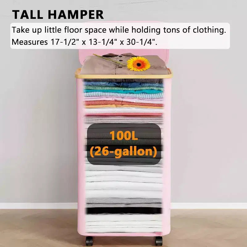 Cesto portabiancheria con ruote e coperchio - Cesto portabiancheria da 100 litri con manico in bambù, ampio organizer per lavanderia SpaceAid per camera da letto, bagno, dormitorio