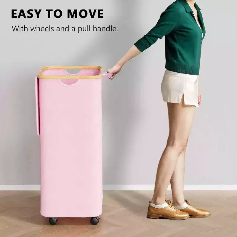 Cesto portabiancheria con ruote e coperchio - Cesto portabiancheria da 100 litri con manico in bambù, ampio organizer per lavanderia SpaceAid per camera da letto, bagno, dormitorio