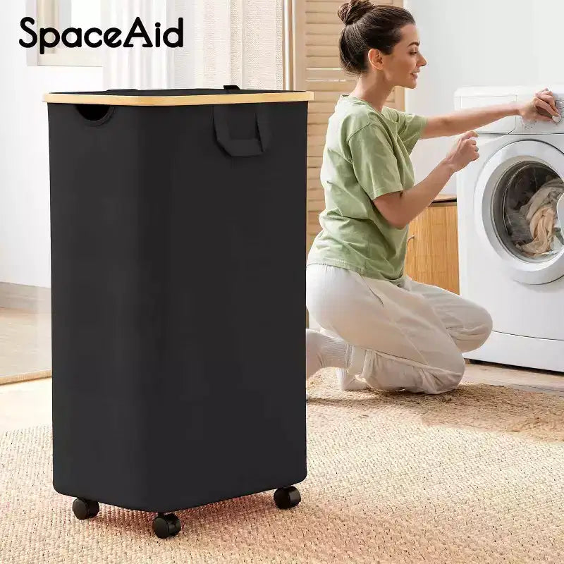 Cesto portabiancheria con ruote e coperchio - Cesto portabiancheria da 100 litri con manico in bambù, ampio organizer per lavanderia SpaceAid per camera da letto, bagno, dormitorio