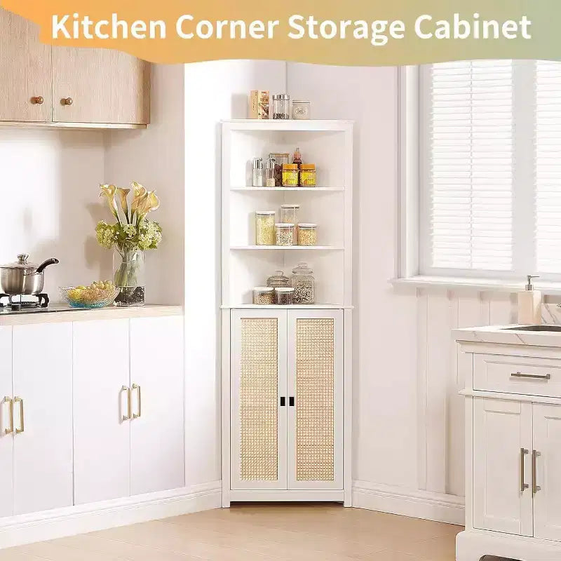 Mobile angolare portavino in rattan con ripiani regolabili - Mobile contenitore indipendente stile rustico per cucina, soggiorno