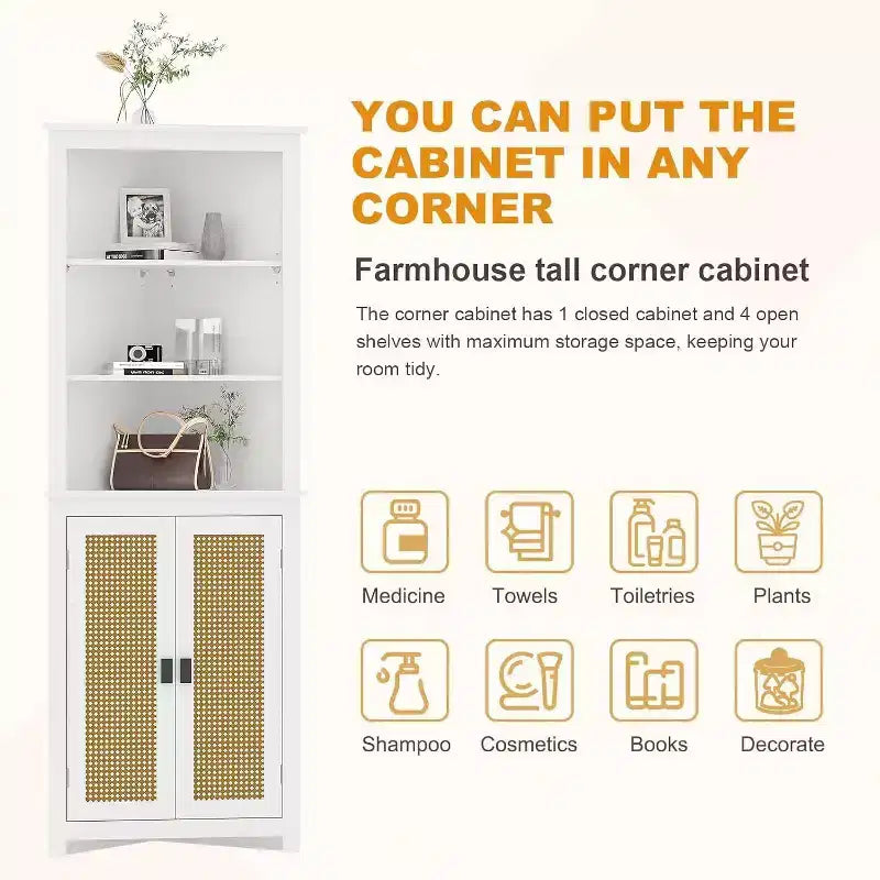 Mobile angolare portavino in rattan con ripiani regolabili - Mobile contenitore indipendente stile rustico per cucina, soggiorno