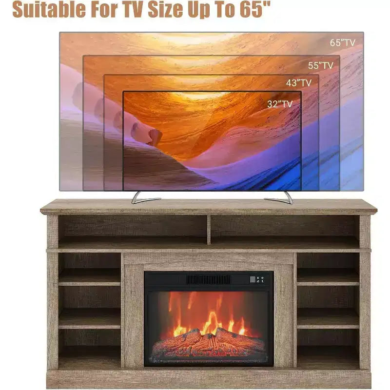 Mobile TV consolle rustico 58" con ripiani e caminetto 23" con fiamma regolabile a 3 livelli per salotto