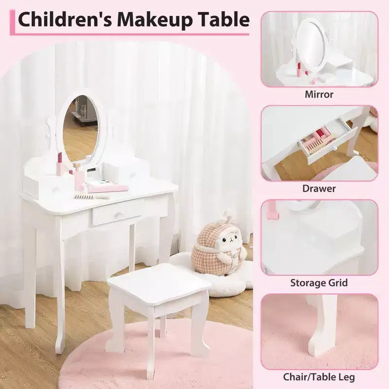 Set toeletta per bambini, specchio ad angolo regolabile, tavolo da trucco in legno, set tavolo e sedia da toeletta per bambine per il gioco di finzione, per camera da letto, sala giochi