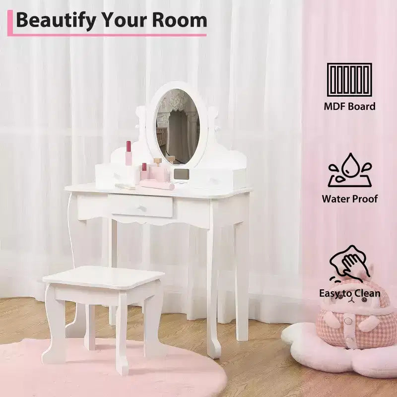 Set toeletta per bambini, specchio ad angolo regolabile, tavolo da trucco in legno, set tavolo e sedia da toeletta per bambine per il gioco di finzione, per camera da letto, sala giochi