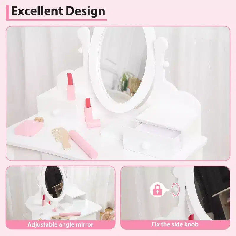 Set toeletta per bambini, specchio ad angolo regolabile, tavolo da trucco in legno, set tavolo e sedia da toeletta per bambine per il gioco di finzione, per camera da letto, sala giochi