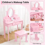 Set toeletta per bambini, specchio ad angolo regolabile, tavolo da trucco in legno, set tavolo e sedia da toeletta per bambine per il gioco di finzione, per camera da letto, sala giochi