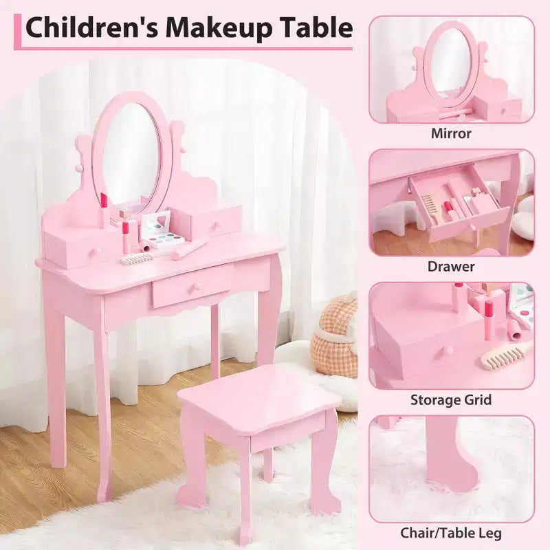 Set toeletta per bambini, specchio ad angolo regolabile, tavolo da trucco in legno, set tavolo e sedia da toeletta per bambine per il gioco di finzione, per camera da letto, sala giochi