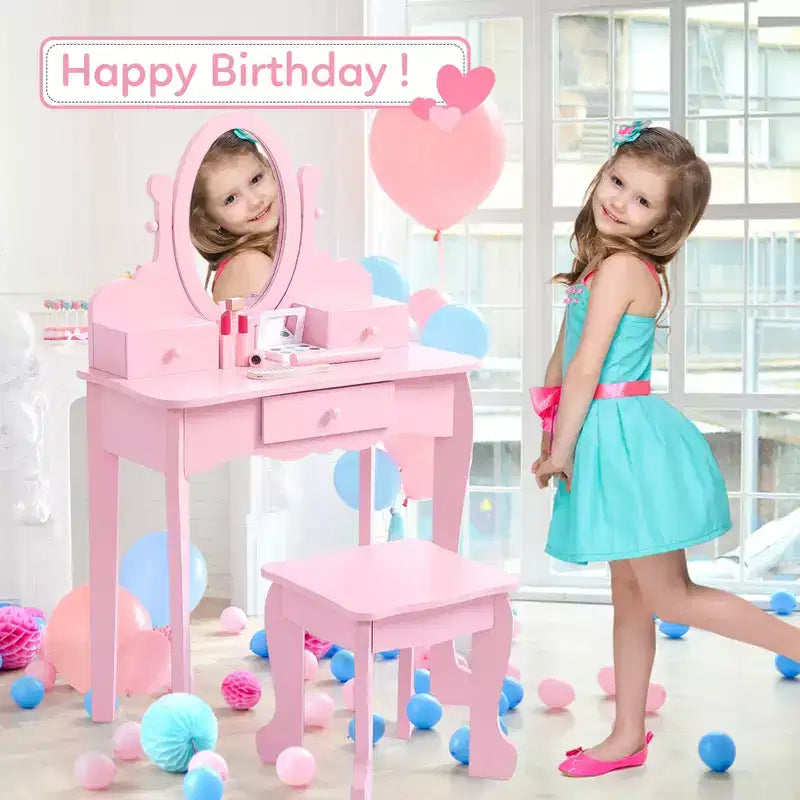 Set toeletta per bambini, specchio ad angolo regolabile, tavolo da trucco in legno, set tavolo e sedia da toeletta per bambine per il gioco di finzione, per camera da letto, sala giochi