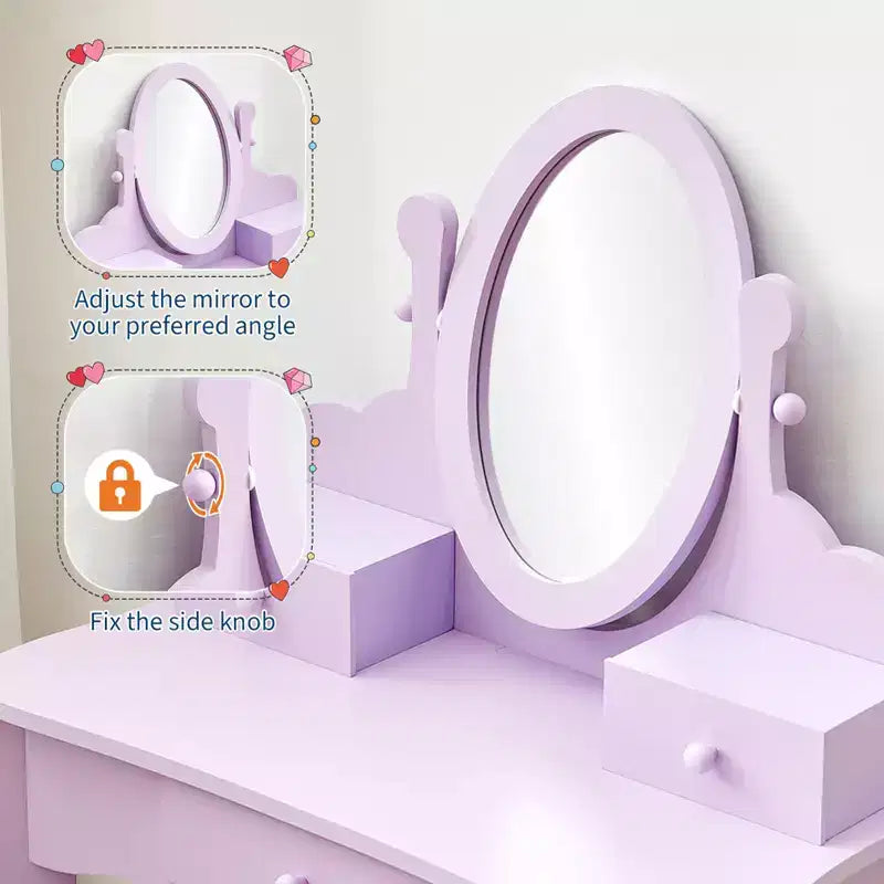 Set toeletta per bambini, specchio ad angolo regolabile, tavolo da trucco in legno, set tavolo e sedia da toeletta per bambine per il gioco di finzione, per camera da letto, sala giochi