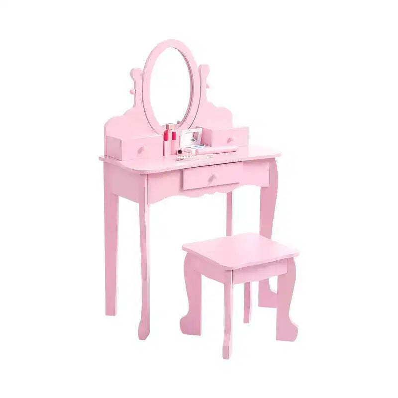 Kids Vanity Set, Adjustable Angle Mirror, Wooden Makeup Table, Pretend Play Girls Vanity Table and Chair Set, for Bedroom, Playroom