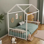 Struttura Letto a Terra Montessori in Metallo, Misura Singola/Matrimoniale, a Forma di Casetta con Sponde Verticali di Sicurezza per Bambini/Neonati - ModernLuxe