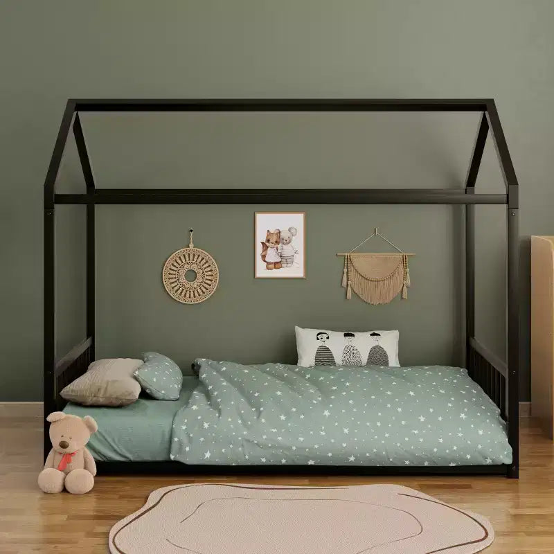 Struttura Letto a Terra Montessori in Metallo, Misura Singola/Matrimoniale, a Forma di Casetta con Sponde Verticali di Sicurezza per Bambini/Neonati - ModernLuxe