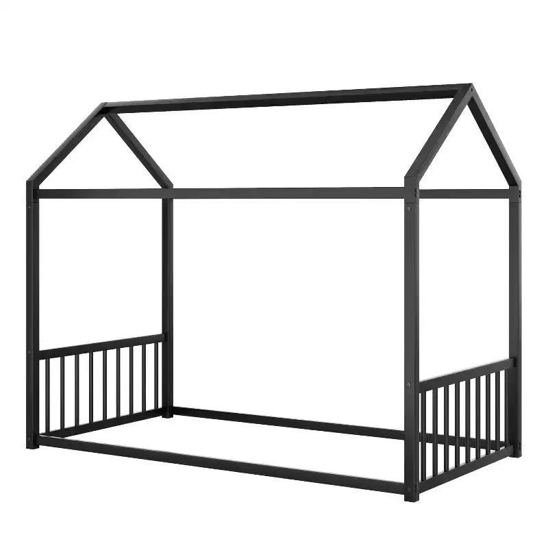 Struttura Letto a Terra Montessori in Metallo, Misura Singola/Matrimoniale, a Forma di Casetta con Sponde Verticali di Sicurezza per Bambini/Neonati - ModernLuxe