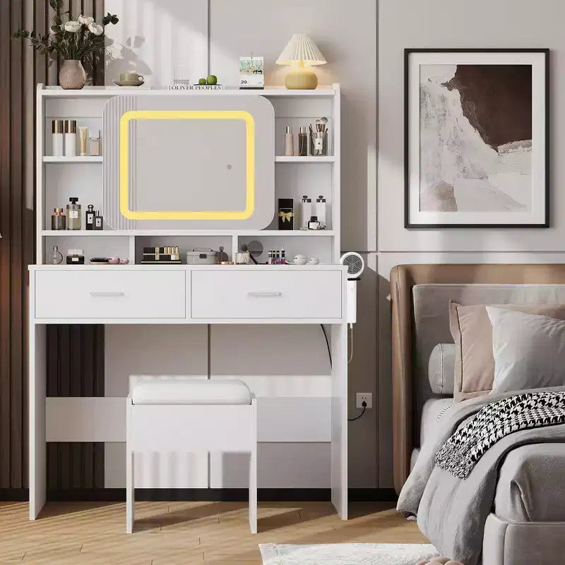 Toeletta Trucco con Specchio Scorrevole, Toeletta Trucco Moderna, 2 Cassetti e Sgabello Morbido Imbottito, 3 Modalità di Illuminazione Regolabili, per Camera da Letto