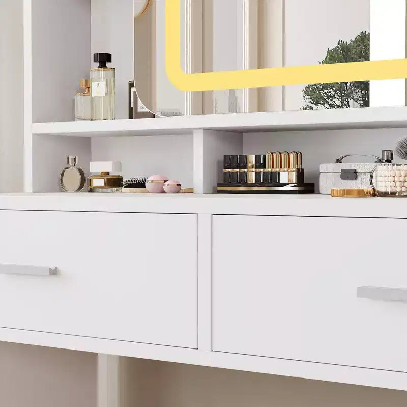 Toeletta Trucco con Specchio Scorrevole, Toeletta Trucco Moderna, 2 Cassetti e Sgabello Morbido Imbottito, 3 Modalità di Illuminazione Regolabili, per Camera da Letto