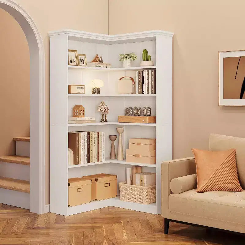 Libreria angolare a L da 72,8 pollici, libreria rustica a 5 ripiani in legno, scaffale portaoggetti salvaspazio con design anti-ribaltamento, versione a metà schienale
